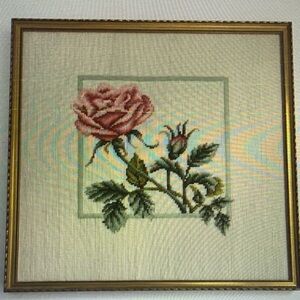 Vintage Floral Needlepoint Framed LARGE Needlework HANDMADE